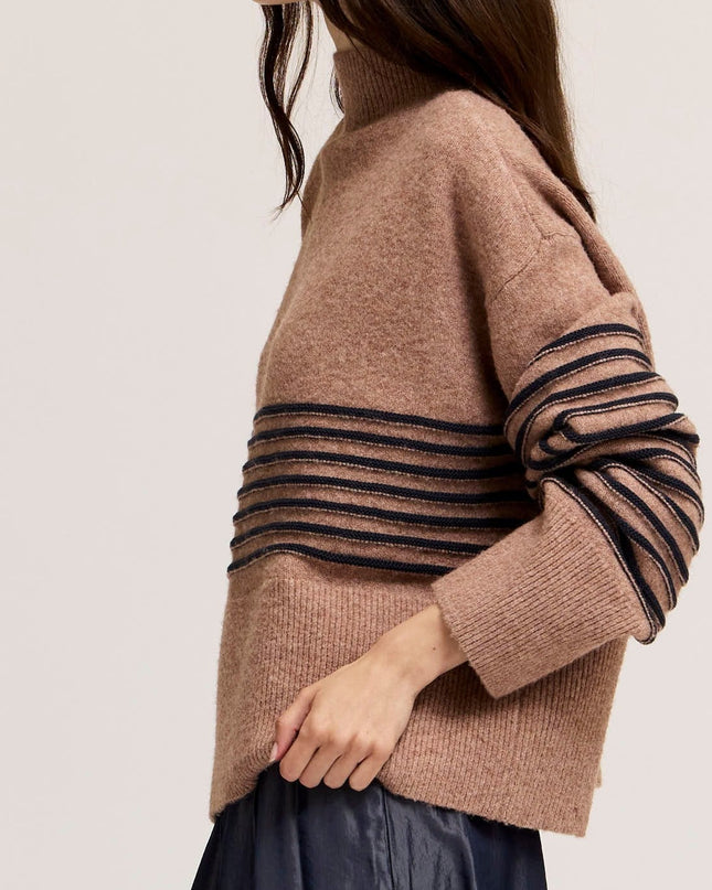 Tan High Neck Stripe Wide Hem Sweater