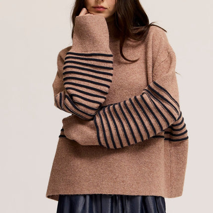 Tan High Neck Stripe Wide Hem Sweater