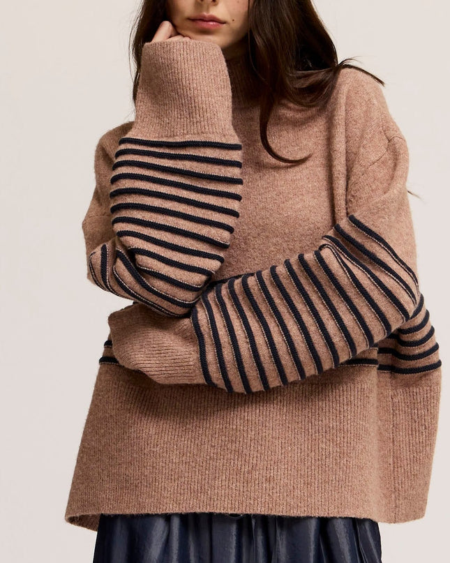 Tan High Neck Stripe Wide Hem Sweater