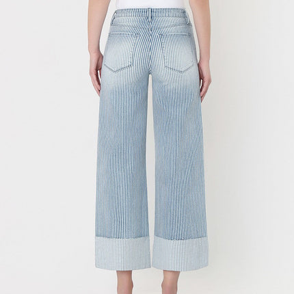 High Rise Cuffed Striped Crop Wide Jeans