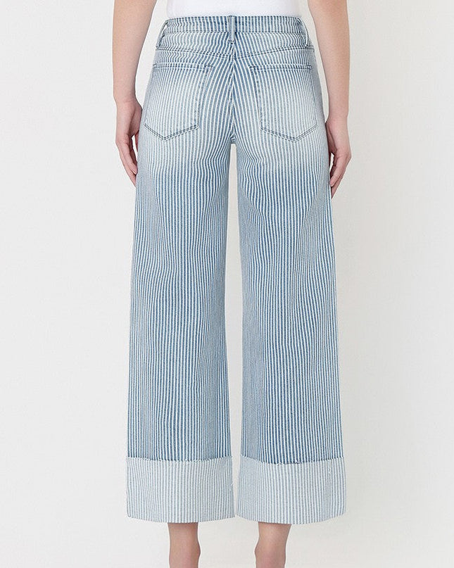 High Rise Cuffed Striped Crop Wide Jeans