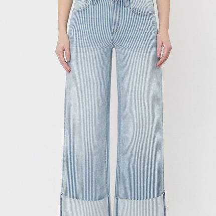 High Rise Cuffed Striped Crop Wide Jeans
