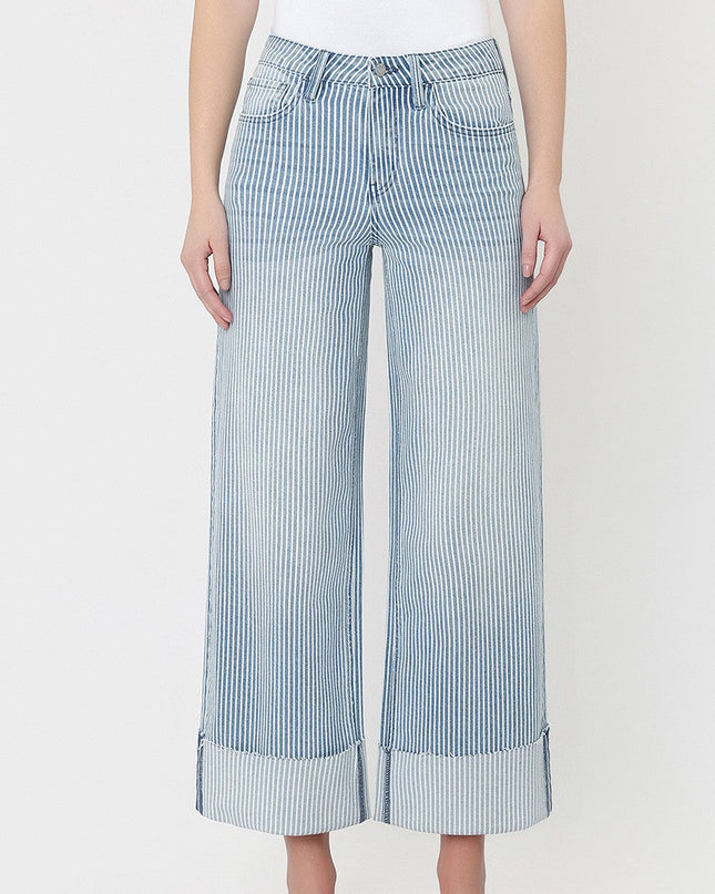 High Rise Cuffed Striped Crop Wide Jeans