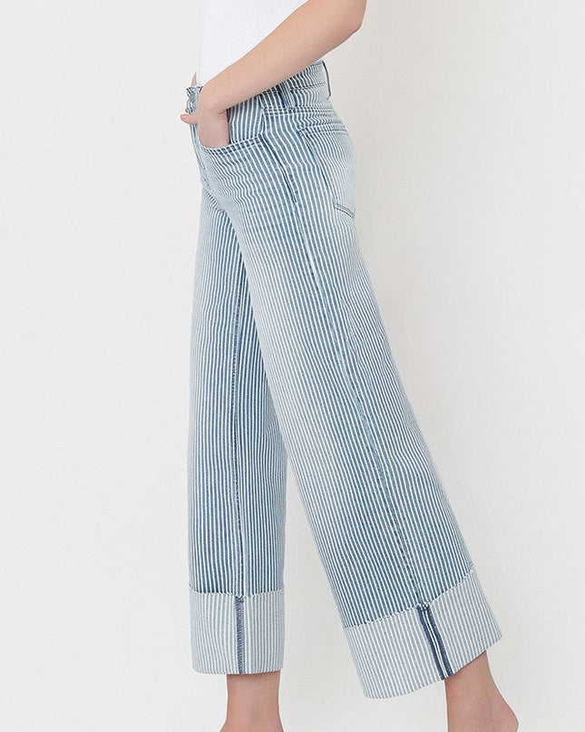 High Rise Cuffed Striped Crop Wide Jeans