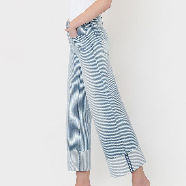 High Rise Cuffed Striped Crop Wide Jeans