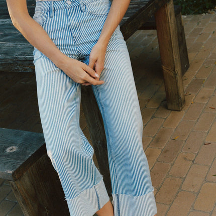 High Rise Cuffed Striped Crop Wide Jeans