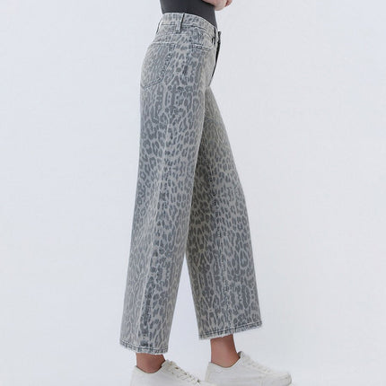 High Rise Grey Leopard Print Crop Wide Leg Jeans