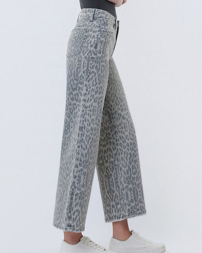 High Rise Grey Leopard Print Crop Wide Leg Jeans