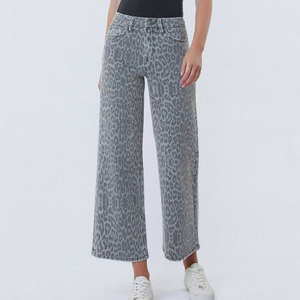 High Rise Grey Leopard Print Crop Wide Leg Jeans