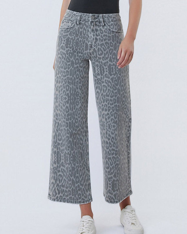High Rise Grey Leopard Print Crop Wide Leg Jeans