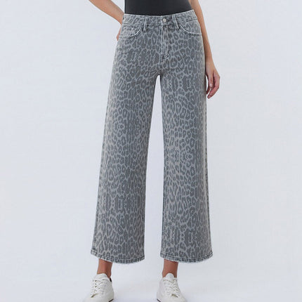 High Rise Grey Leopard Print Crop Wide Leg Jeans