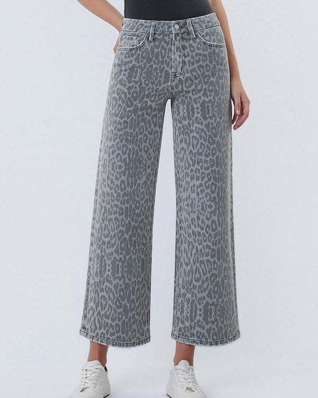 High Rise Grey Leopard Print Crop Wide Leg Jeans