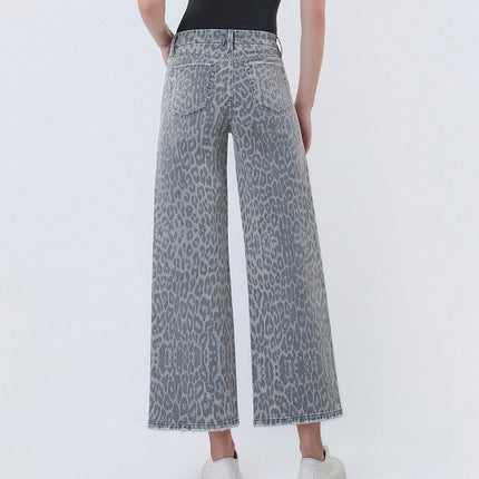 High Rise Grey Leopard Print Crop Wide Leg Jeans