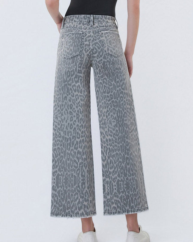High Rise Grey Leopard Print Crop Wide Leg Jeans