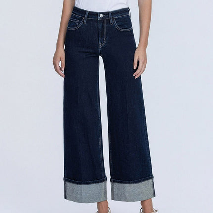 High Rise Fold Cuffed Dark Wash Wide Leg Jeans