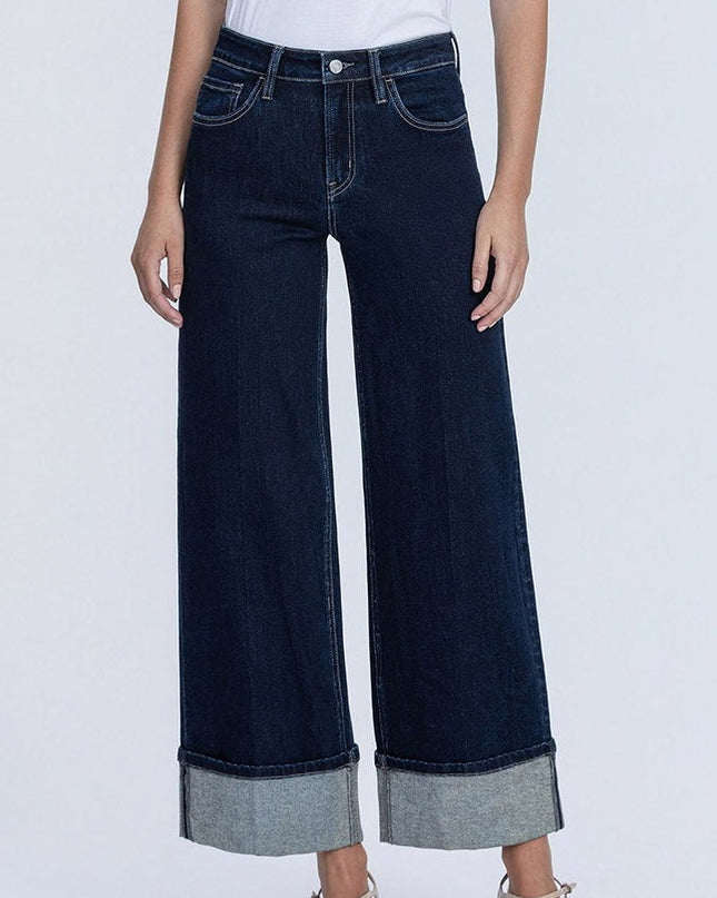 High Rise Fold Cuffed Dark Wash Wide Leg Jeans