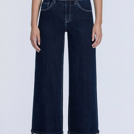 High Rise Fold Cuffed Dark Wash Wide Leg Jeans