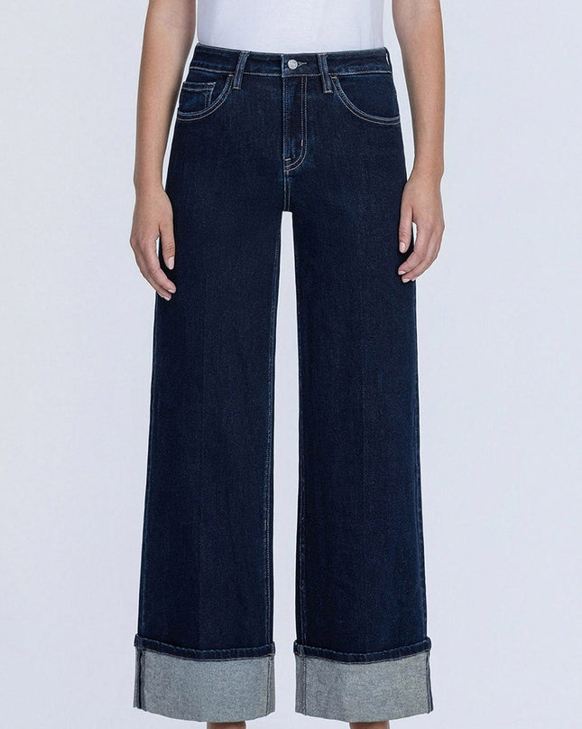High Rise Fold Cuffed Dark Wash Wide Leg Jeans