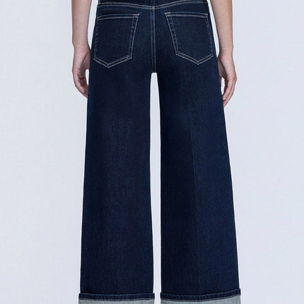 High Rise Fold Cuffed Dark Wash Wide Leg Jeans