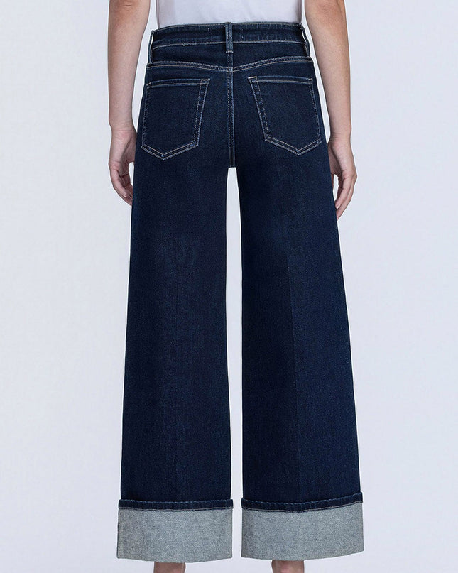 High Rise Fold Cuffed Dark Wash Wide Leg Jeans