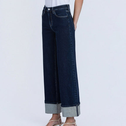 High Rise Fold Cuffed Dark Wash Wide Leg Jeans