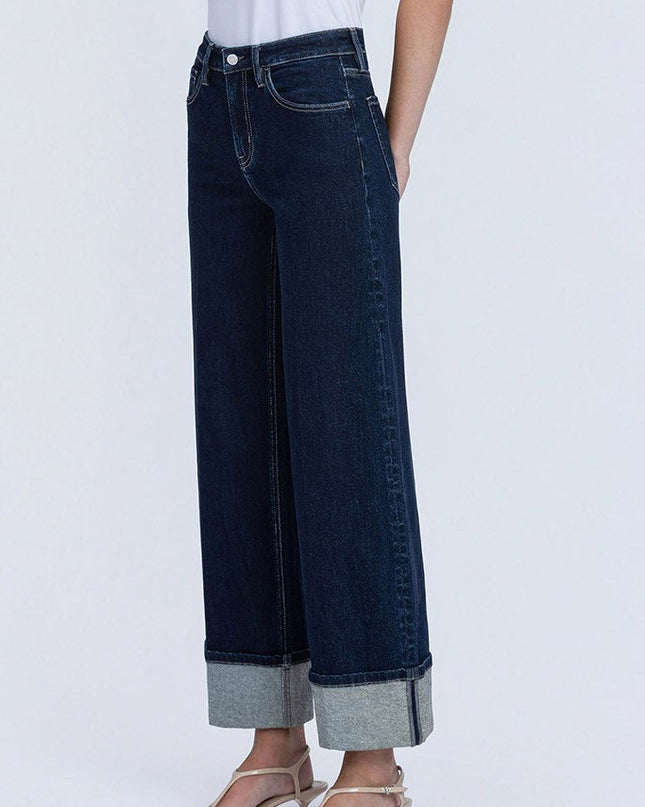 High Rise Fold Cuffed Dark Wash Wide Leg Jeans