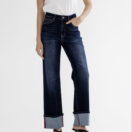 High Rise Wide Leg With Cuff Hem Dark Denim
