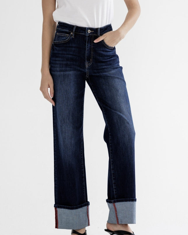 High Rise Wide Leg With Cuff Hem Dark Denim