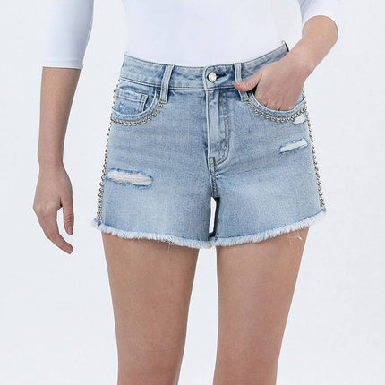 High Rise Studded Denim Shorts