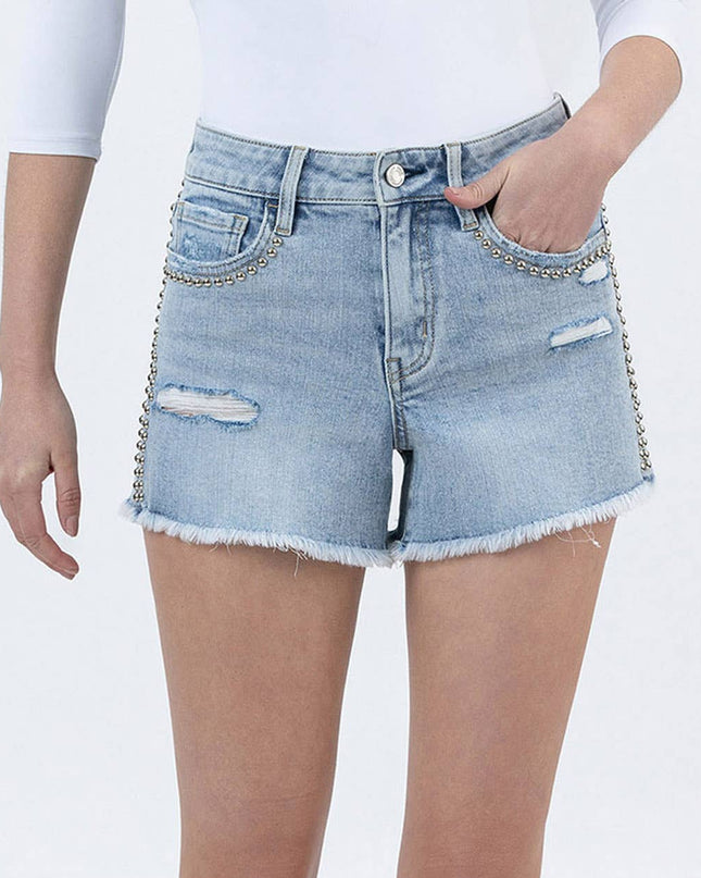 High Rise Studded Denim Shorts