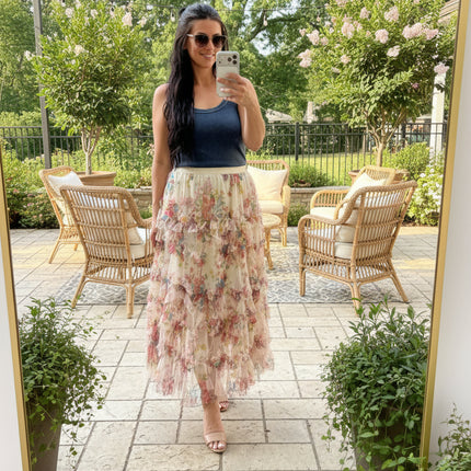 Ecru Floral Ruffled Mesh Midi Skirt