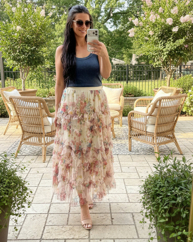Ecru Floral Ruffled Mesh Midi Skirt
