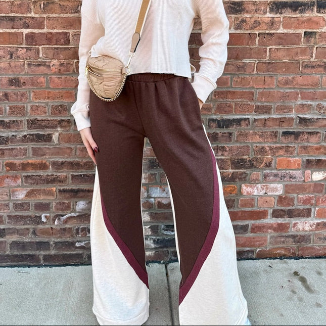 Brown Color blocked wide leg sweatpants