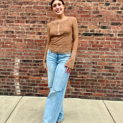 Taupe Floral Lace Henley Top - Shop Simply Apparel