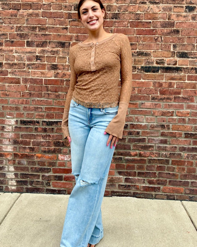 Taupe Floral Lace Henley Top - Shop Simply Apparel