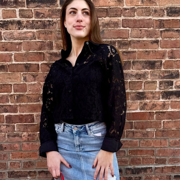 Black lace button up top