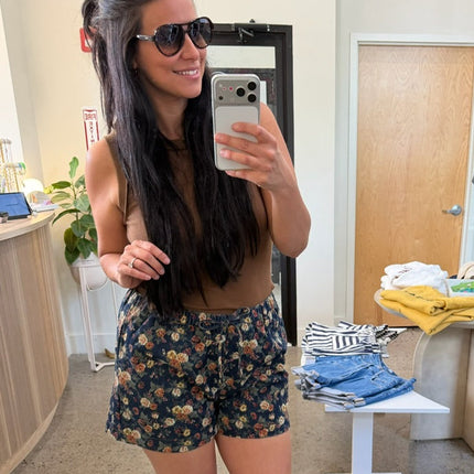 Dark Denim Floral Drawstring Shorts