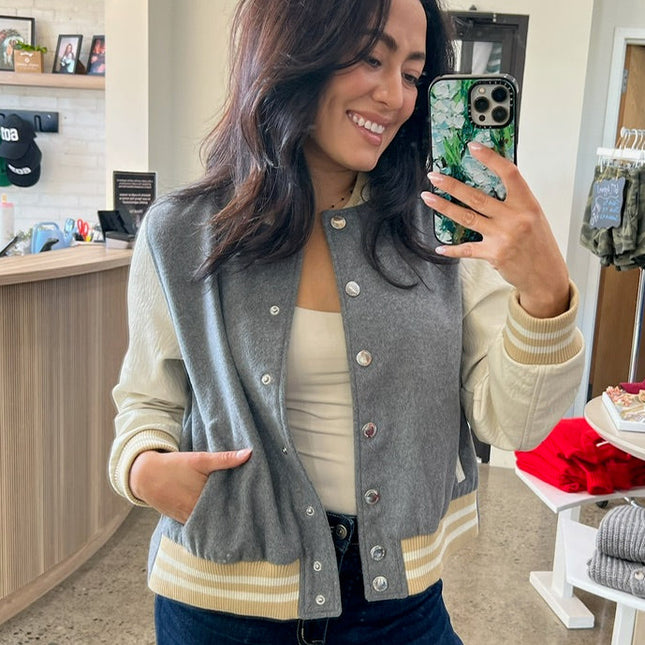Grey Varsity Bomber Jacket
