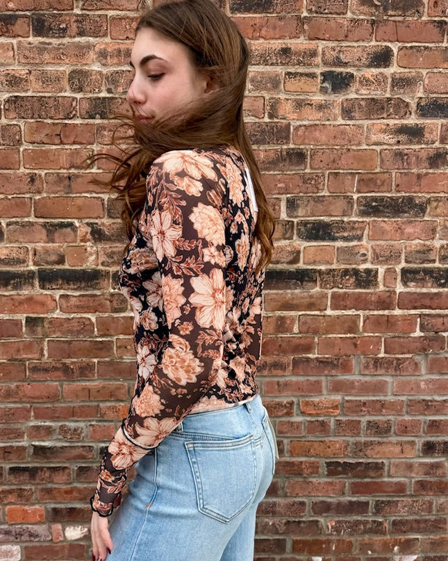 Black Floral-Print Mesh Top
