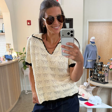 Cream/Black Crochet Short Sleeve Knit Top