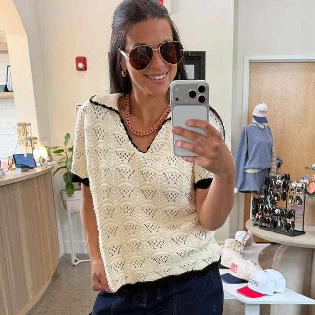 Cream/Black Crochet Short Sleeve Knit Top