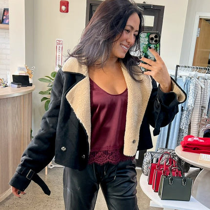 Black/Tan Suede Sherpa Short Trench