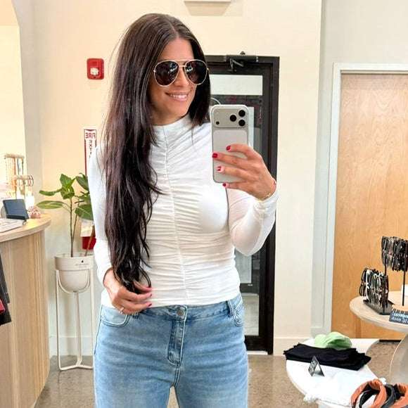 White Ruched Mock Neck Top