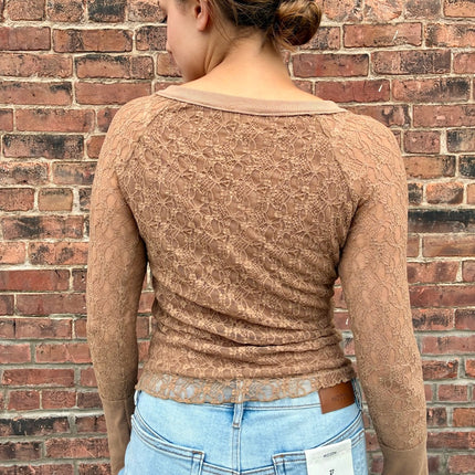 Taupe Floral Lace Henley Top - Shop Simply Apparel