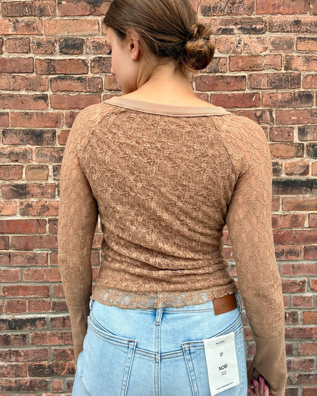 Taupe Floral Lace Henley Top
