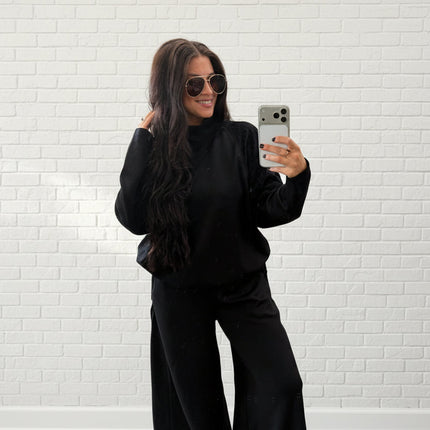 Black Mixed Media Mock Neck Top