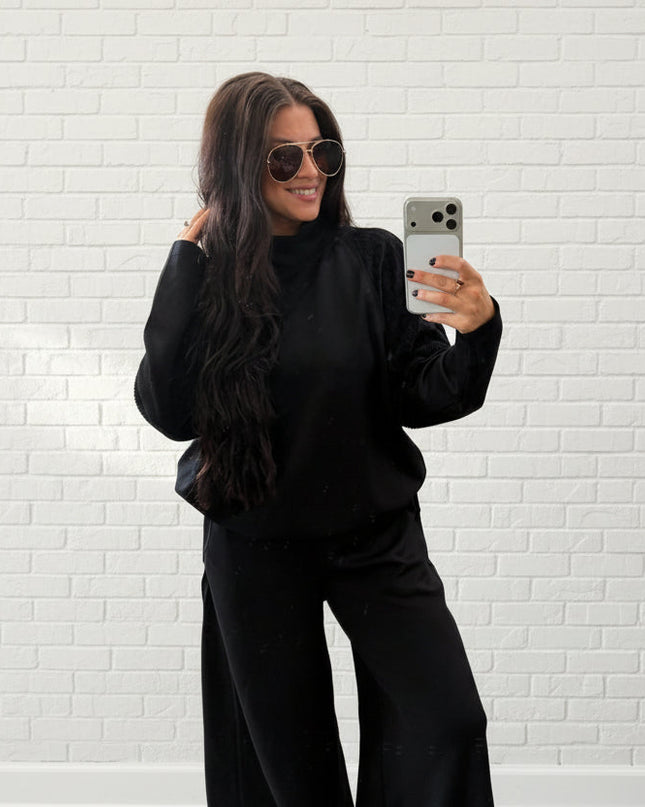 Black Mixed Media Mock Neck Top