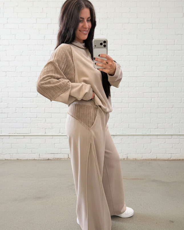 Beige Mixed Media Mock Neck Top