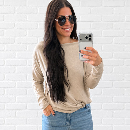 Taupe Front Twist Hem Knit Top