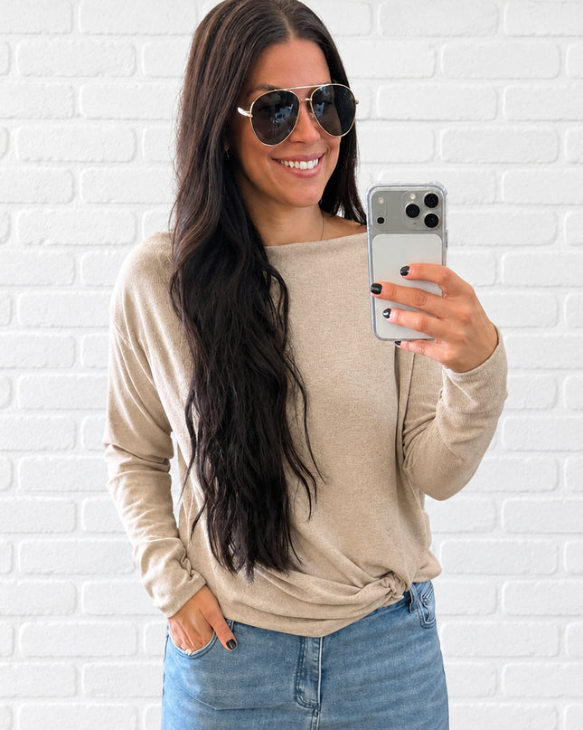 Taupe Front Twist Hem Knit Top